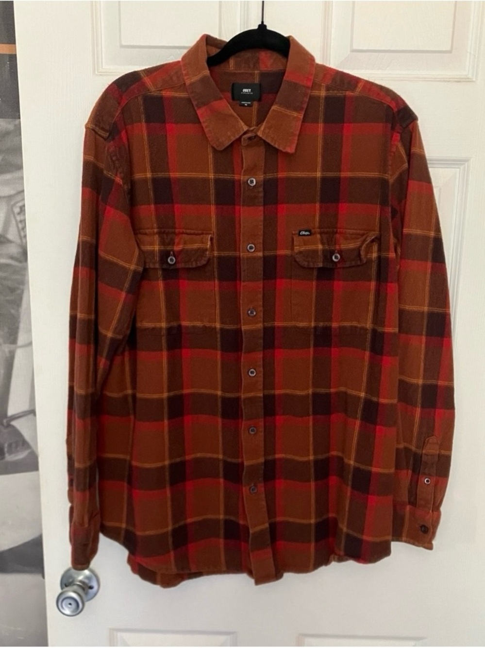 OBEY Flannel Button Down Mens XL Red Brown Up Plaid Shirt